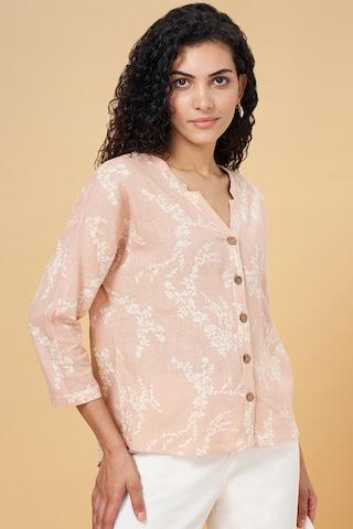 peach printed casual 3/4th sleeves v neck women comfort fit tunic