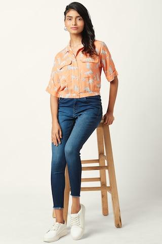 peach printed casual half sleeves regular collar women regular fit shirt