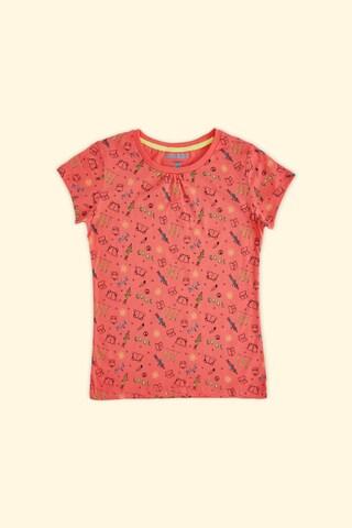 peach printed casual short sleeves round neck girls regular fit t-shirt