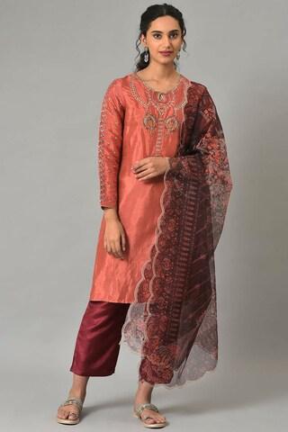 peach printed ethnic key hole neck full sleeves ankle-length women regular fit pant kurta dupatta set