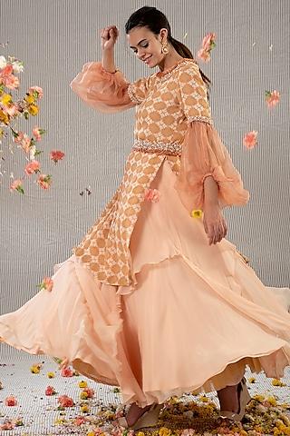 peach printed georgette skirt set