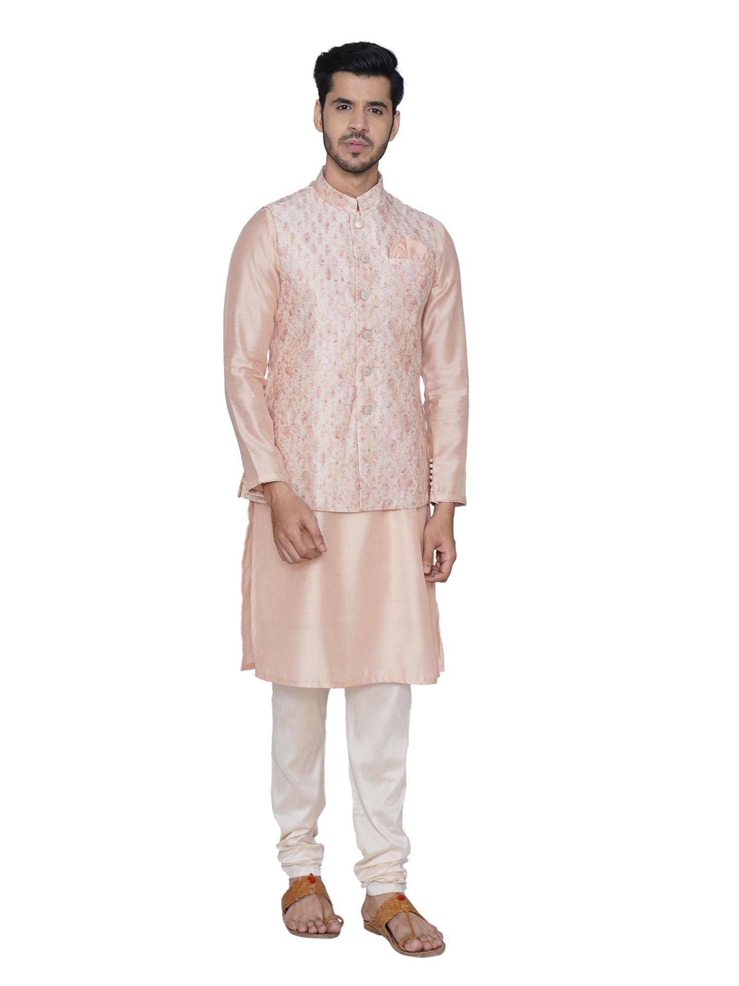 peach printed kurta jacket with churidar (set of 3)