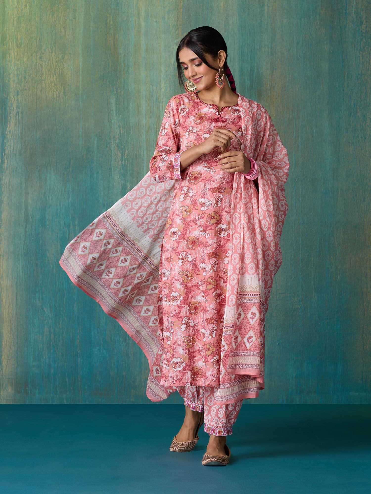 peach printed kurta pant and dupatta likskd263 (set of 3)