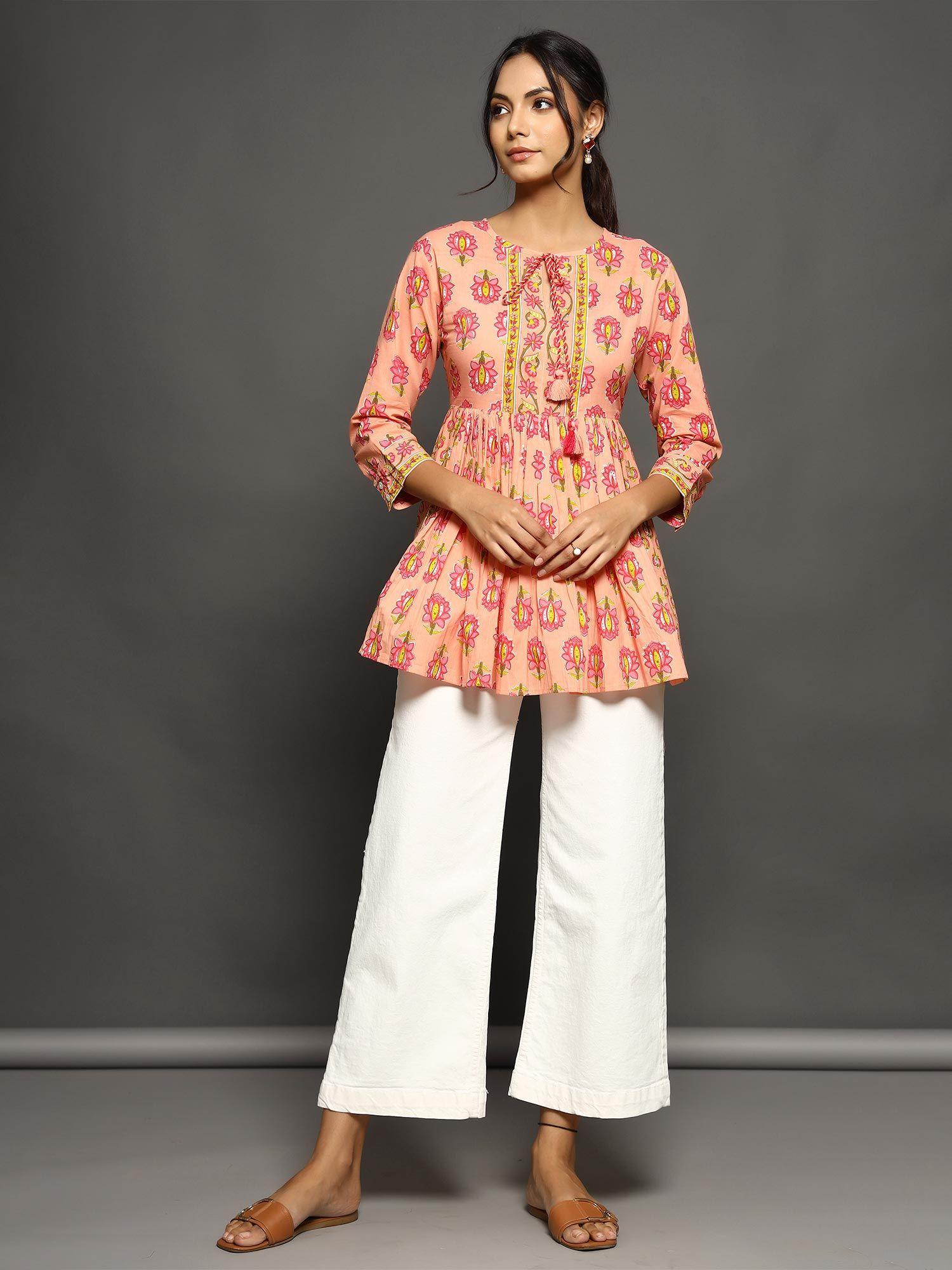 peach printed kurti with gathers and tie up detail