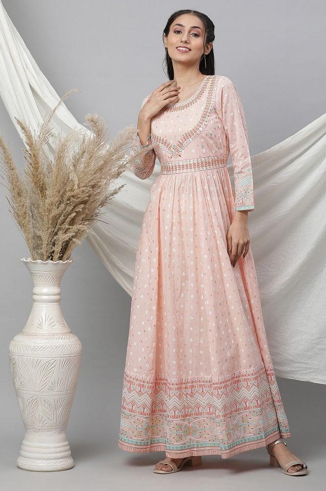 peach printed long flared dress