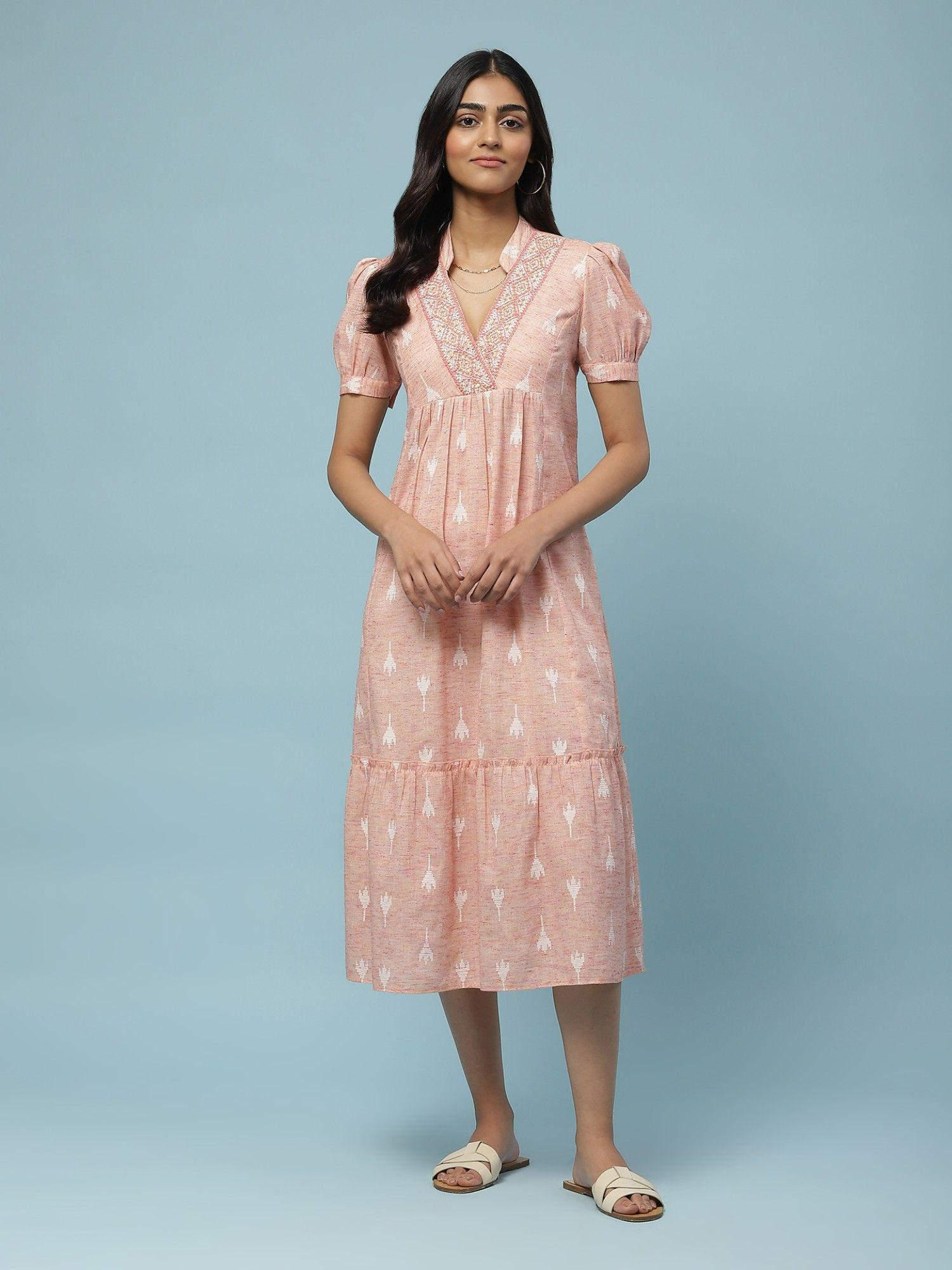 peach printed midi dress