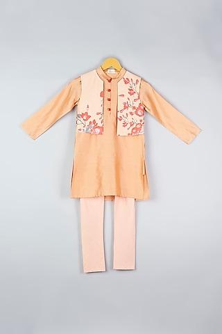 peach printed nehru jacket with kurta set for boys