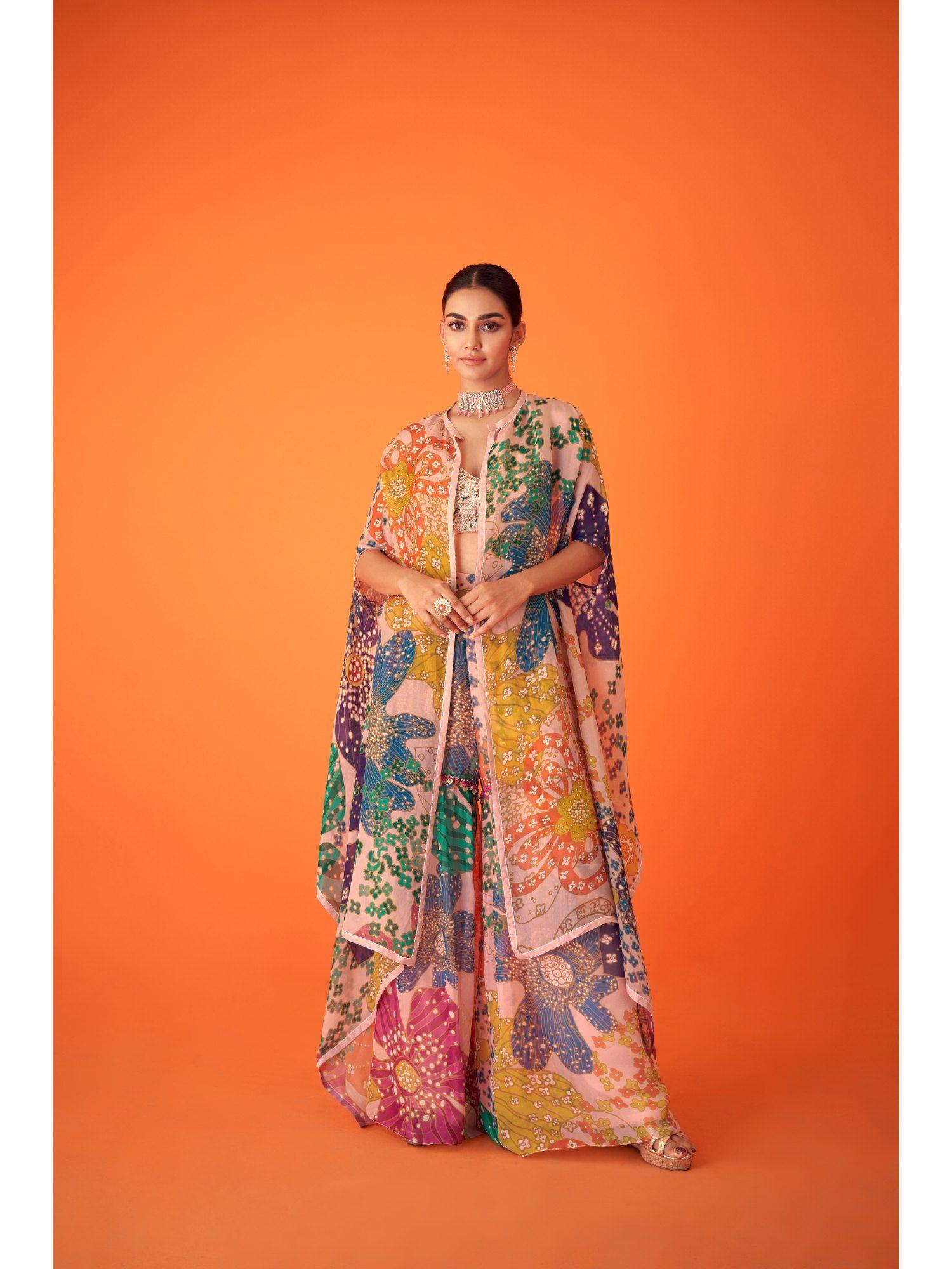 peach printed organza cape paired with sharara pants & embellished bustier (set of 3)