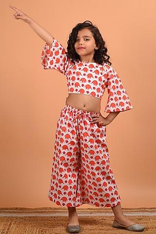 peach printed pant set for girls