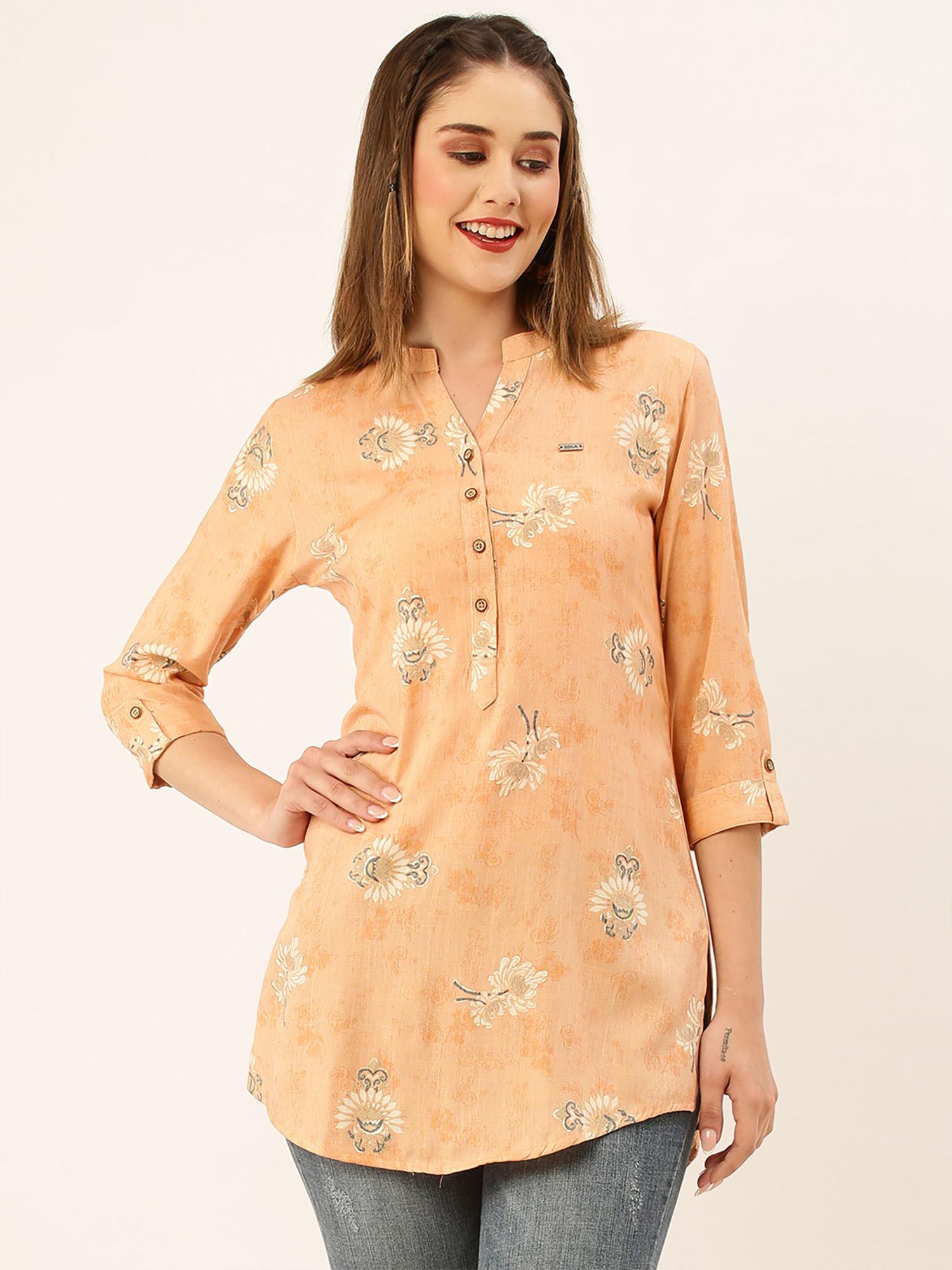 peach printed rayon stitched short kurti for women