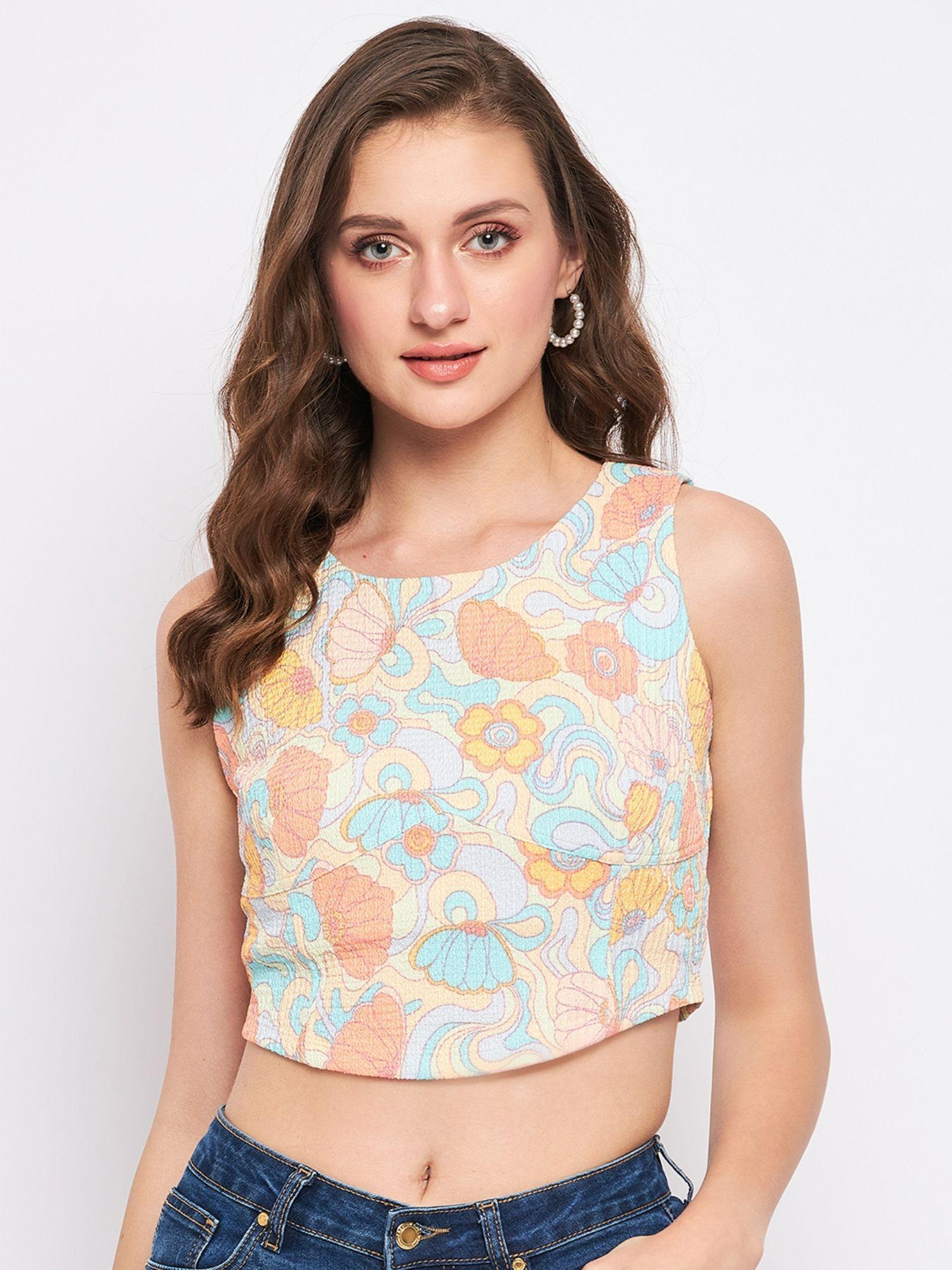 peach printed round neck crop tops