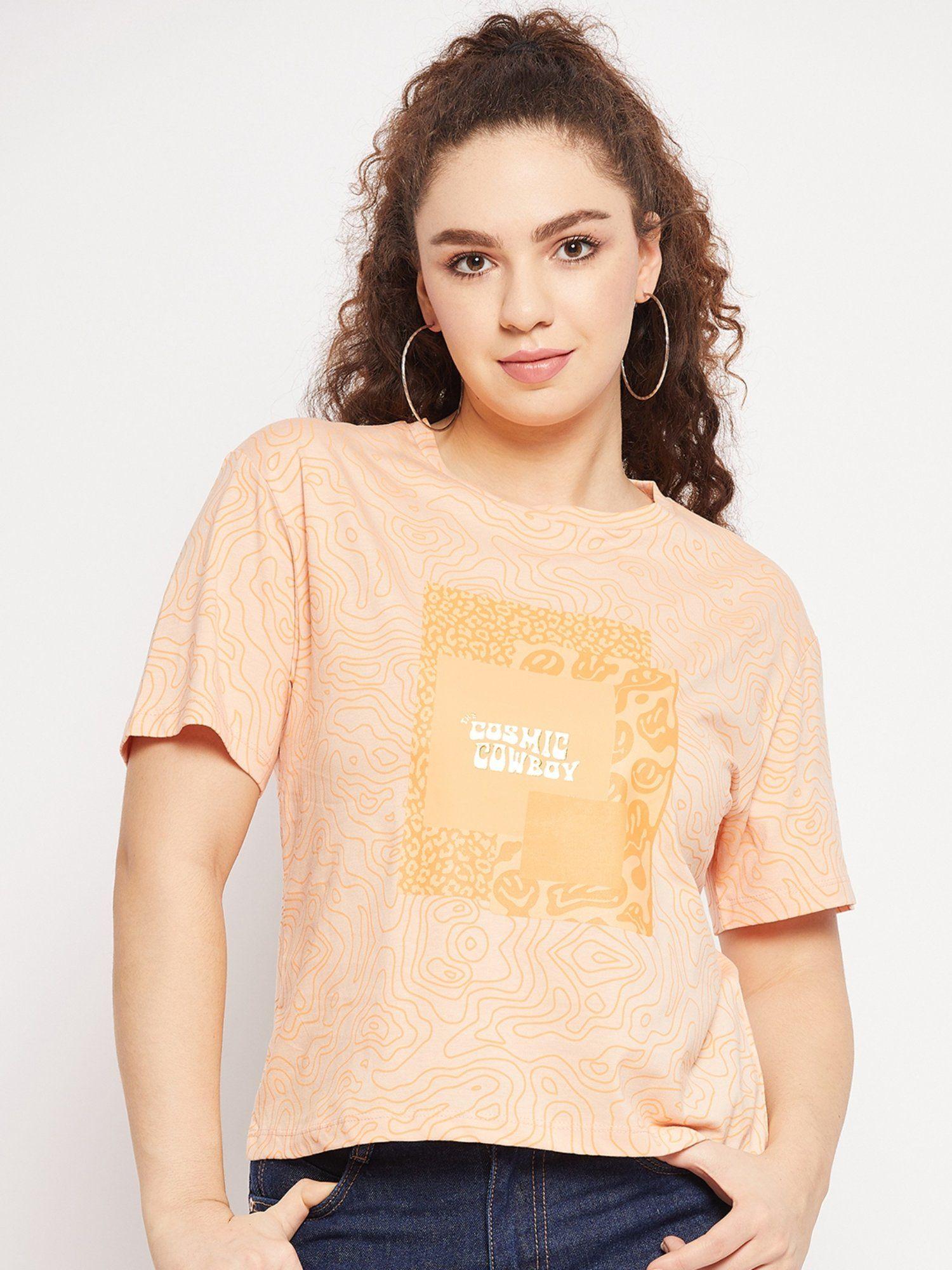 peach printed round neck tops