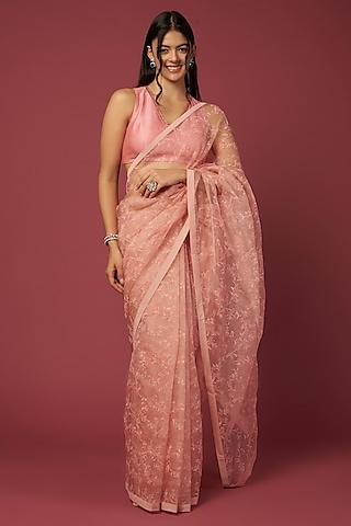 peach printed saree set