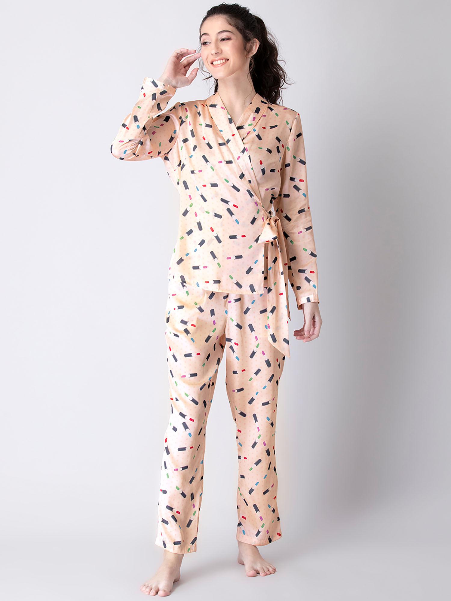 peach printed satin belted pyjama (set of 2)