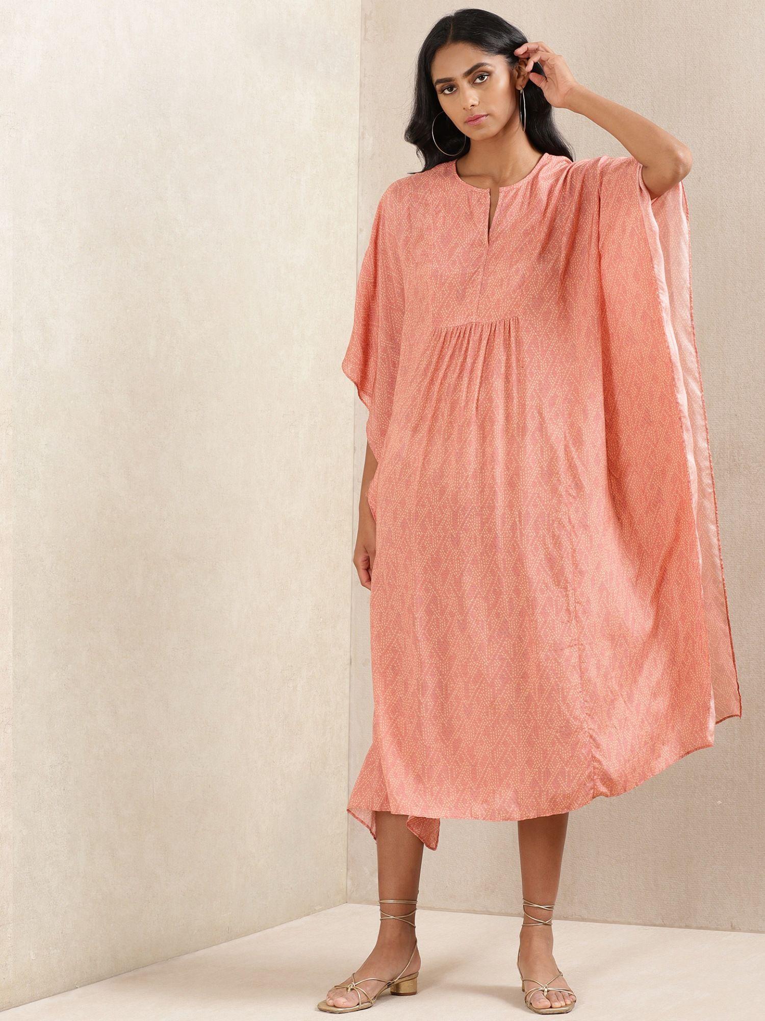 peach printed silk kaftan dress