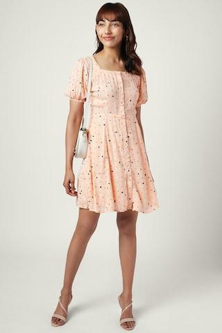 peach printed square neck casual thigh-length half sleeves women regular fit dress