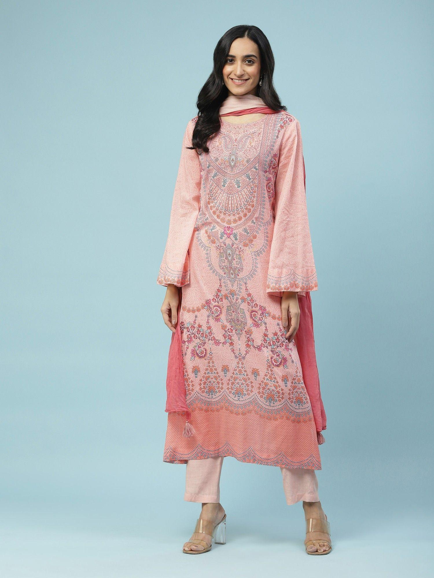 peach printed straight kurta with pant & dupatta (set of 3)