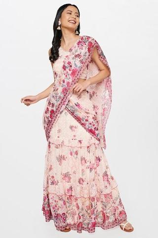 peach printeded casual v neck sleeveless ankle-length women flared fit pant saree set