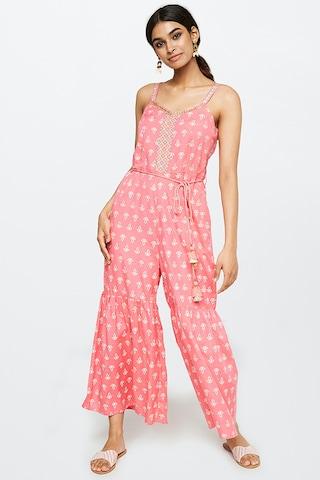 peach printeded spaghetti ethnic ankle-length sleeveless women flared fit jumpsuit
