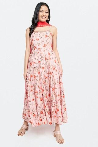 peach printeded square neck ethnic maxi sleeveless women flared fit dress