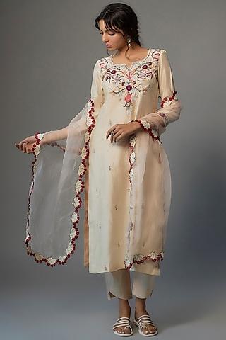 peach pure chanderi silk hand embroidered kurta set