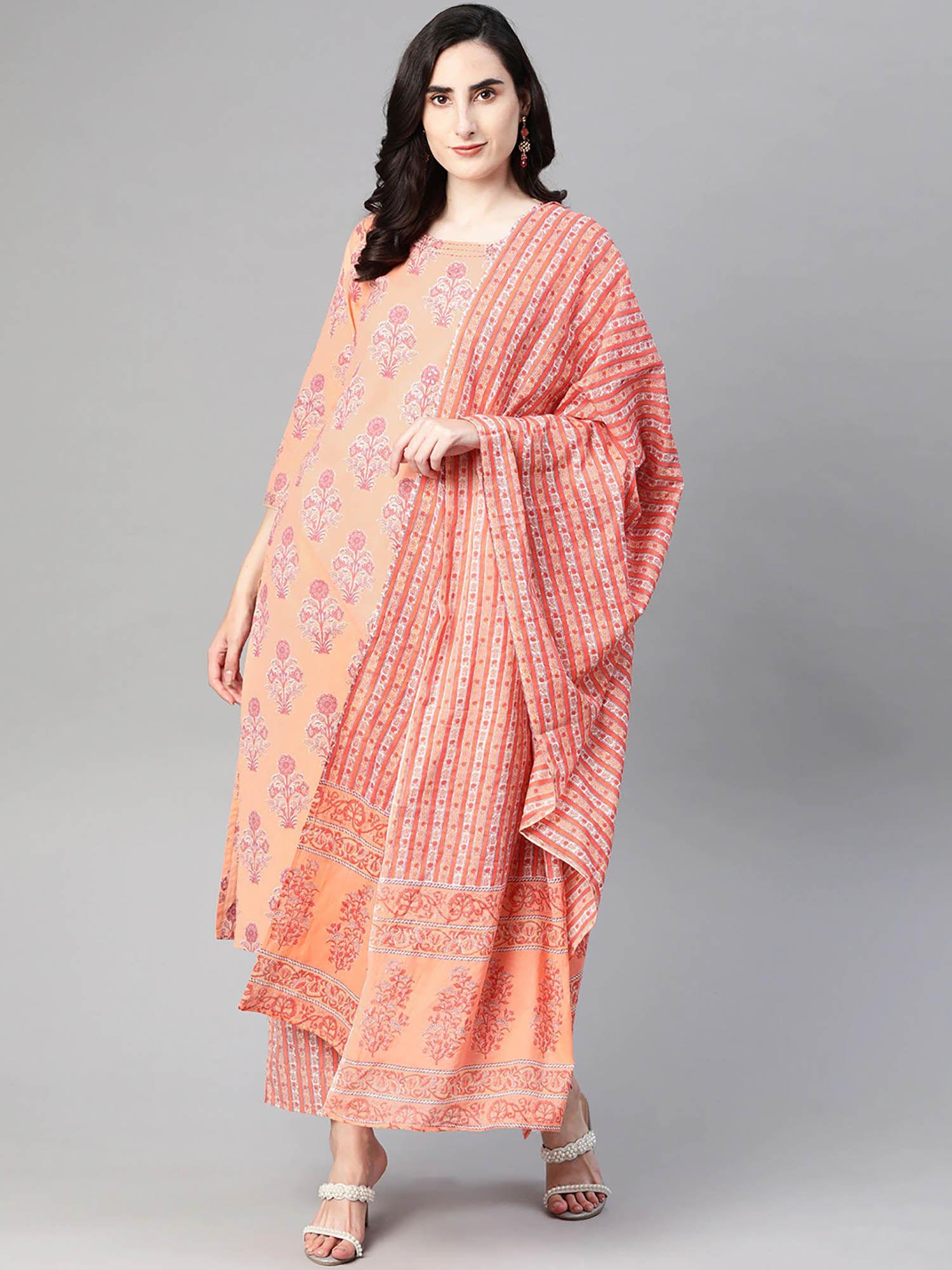 peach pure cotton ethnic motifs printed straight kurta pants with dupatta (set of 3)