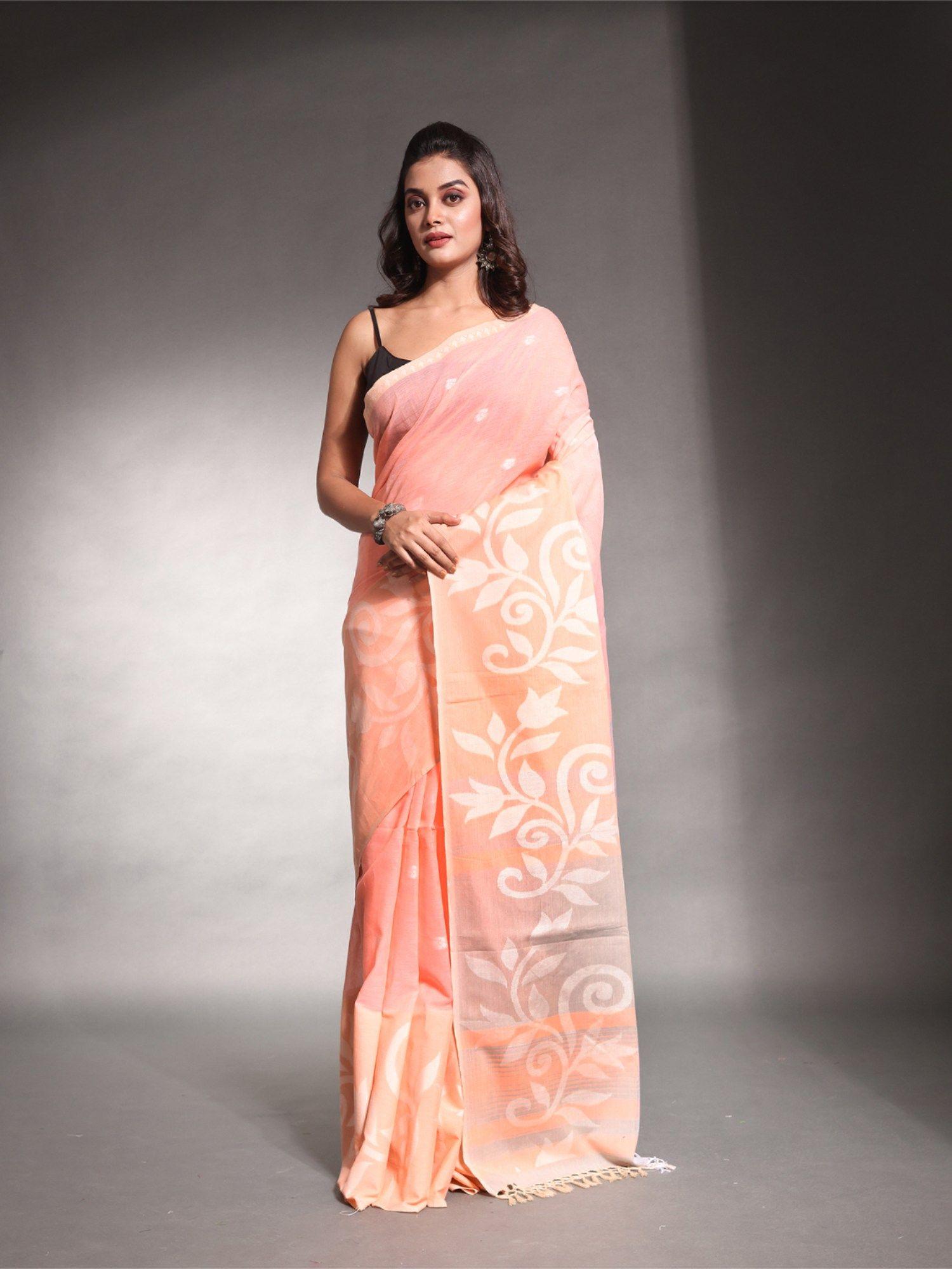 peach pure cotton printed soft saree with unstitched blouse