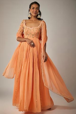 peach pure crepe jaal embroidered anarkali set