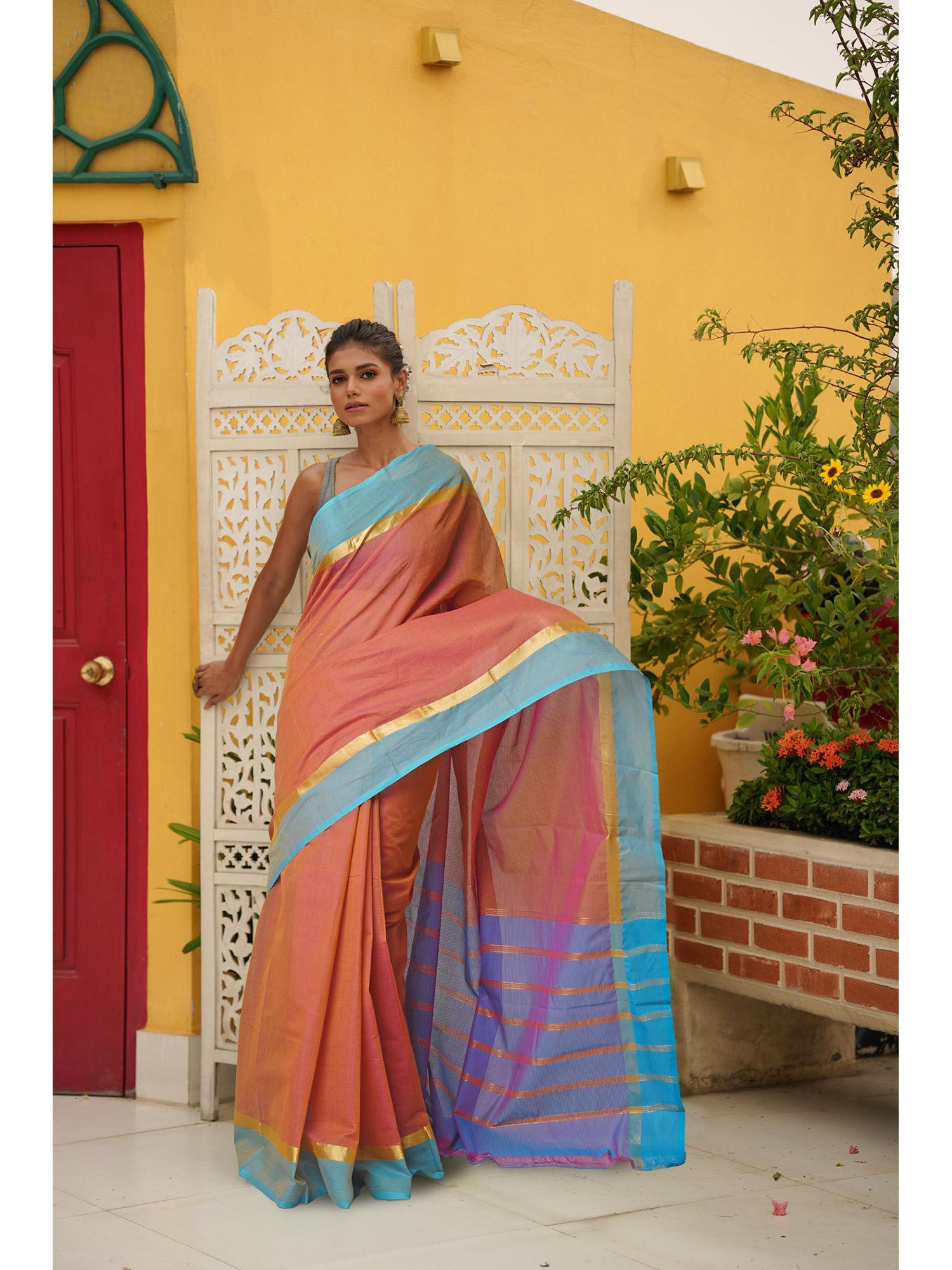 peach pure cross weave mangalagiri cotton saree with unstitched blouse