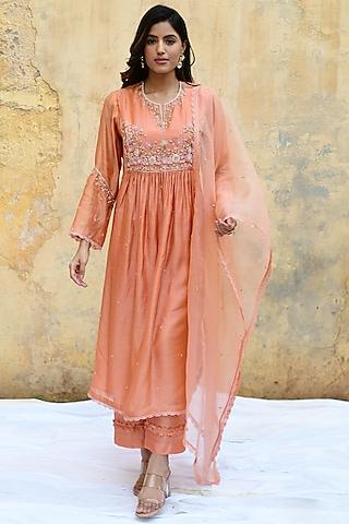 peach pure handwoven banarasi & bemberg embroidered kurta set