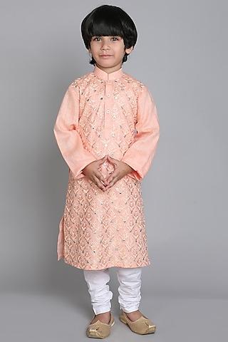 peach pure linen linen mirror embroidered kurta set for boys