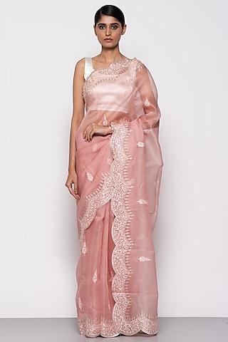 peach pure organza silk boota embroidered handwoven saree set