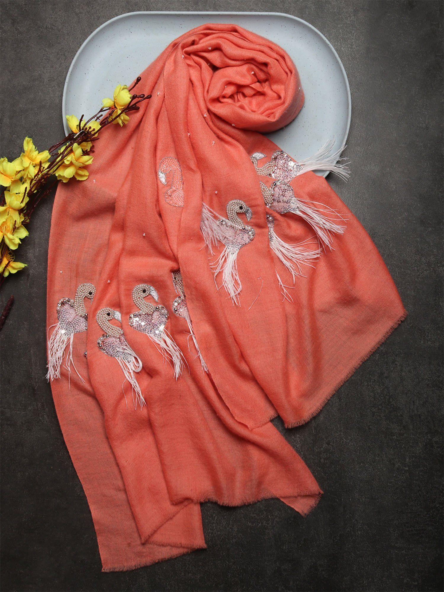 peach pure pashmina stole with feather bird design, pashmina shawl online