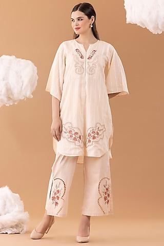 peach pure textured cotton printed & embroidered tunic set