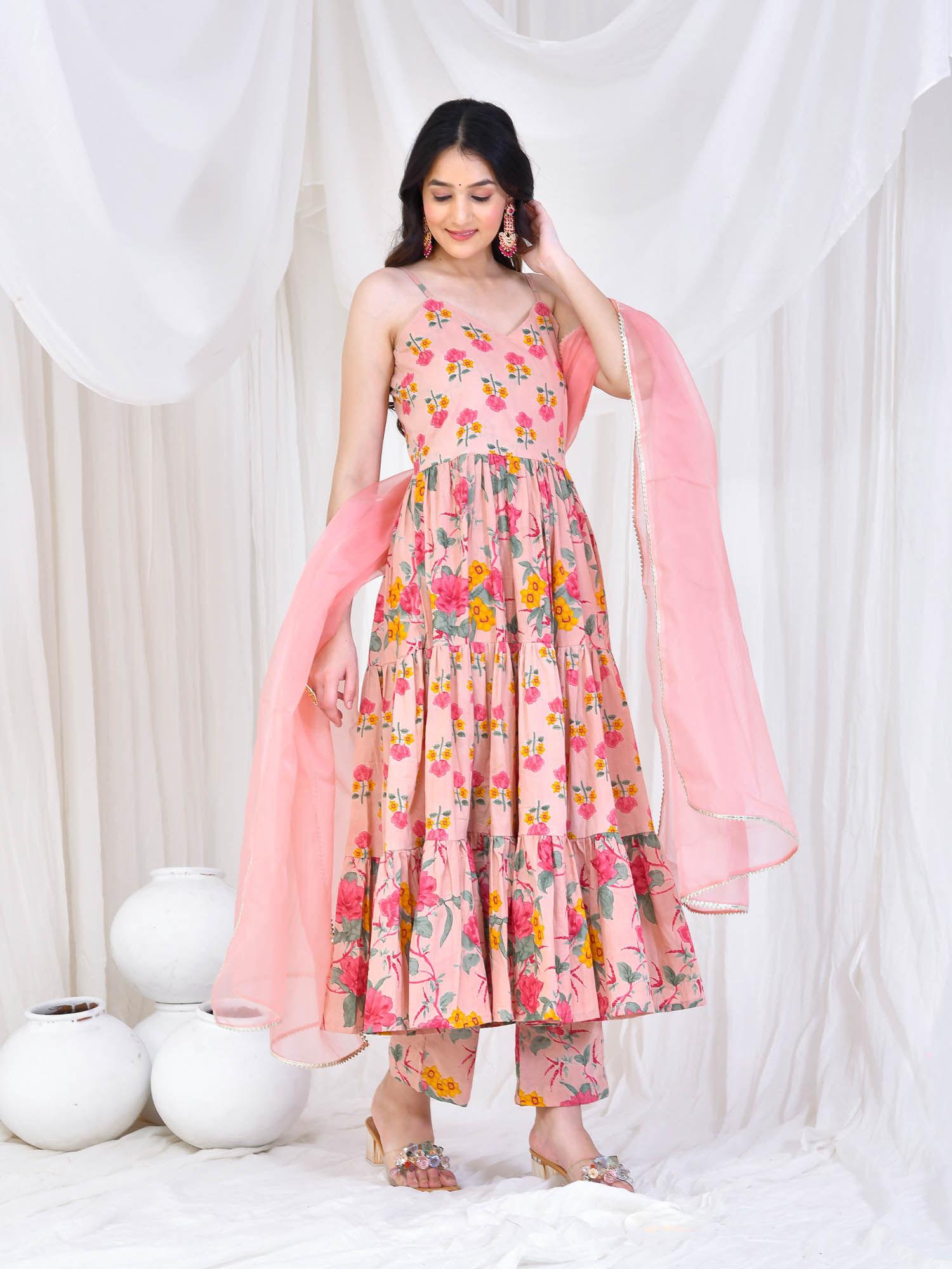 peach radha cotton anarkali with pant and dupatta (set of 3)