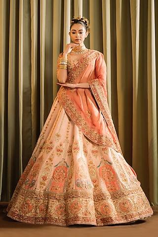 peach raw silk dabka work lehenga set