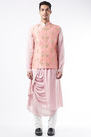 peach raw silk embroidered bundi jacket