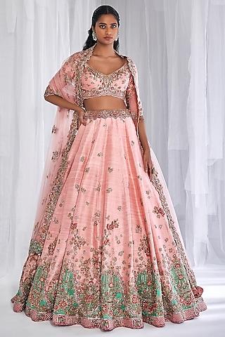 peach raw silk embroidered lehenga set