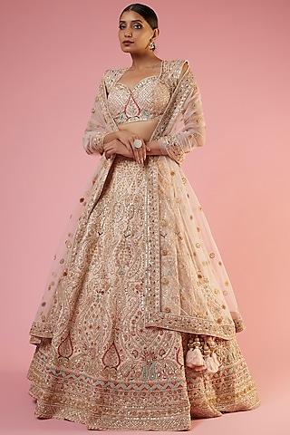 peach raw silk embroidered lehenga set