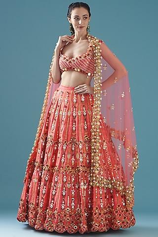 peach raw silk lehenga set