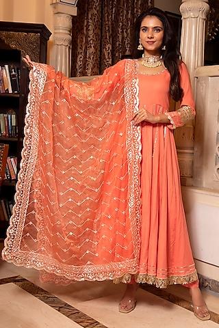 peach rayon embroidered anarkali set