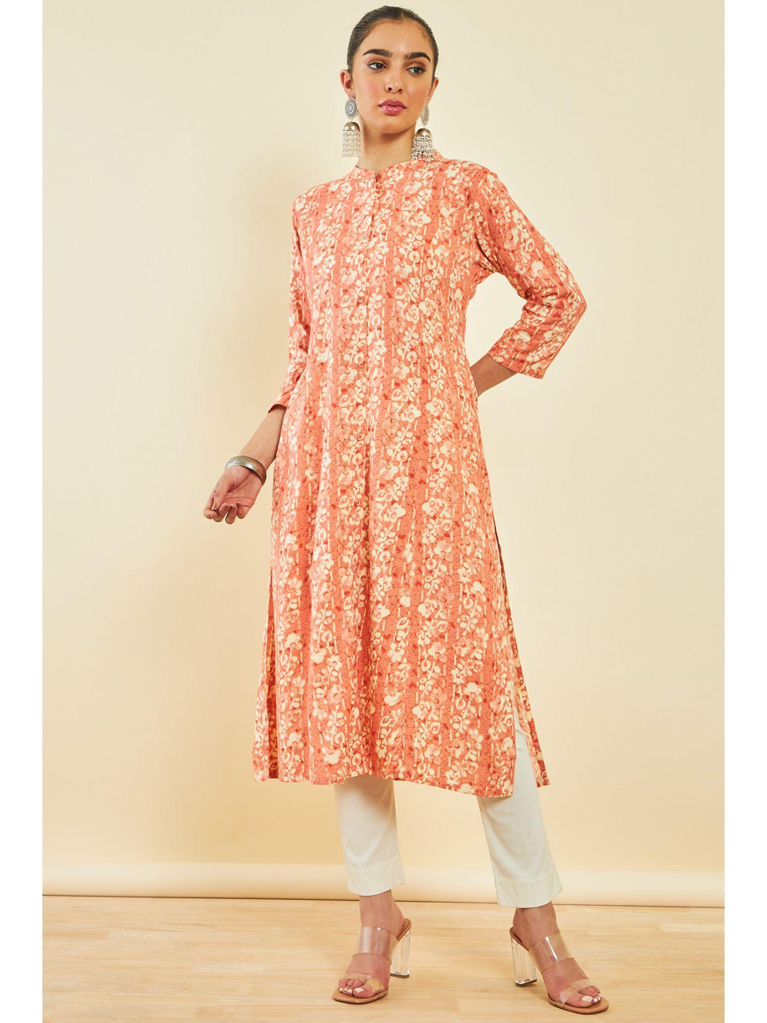 peach rayon floral print kurta