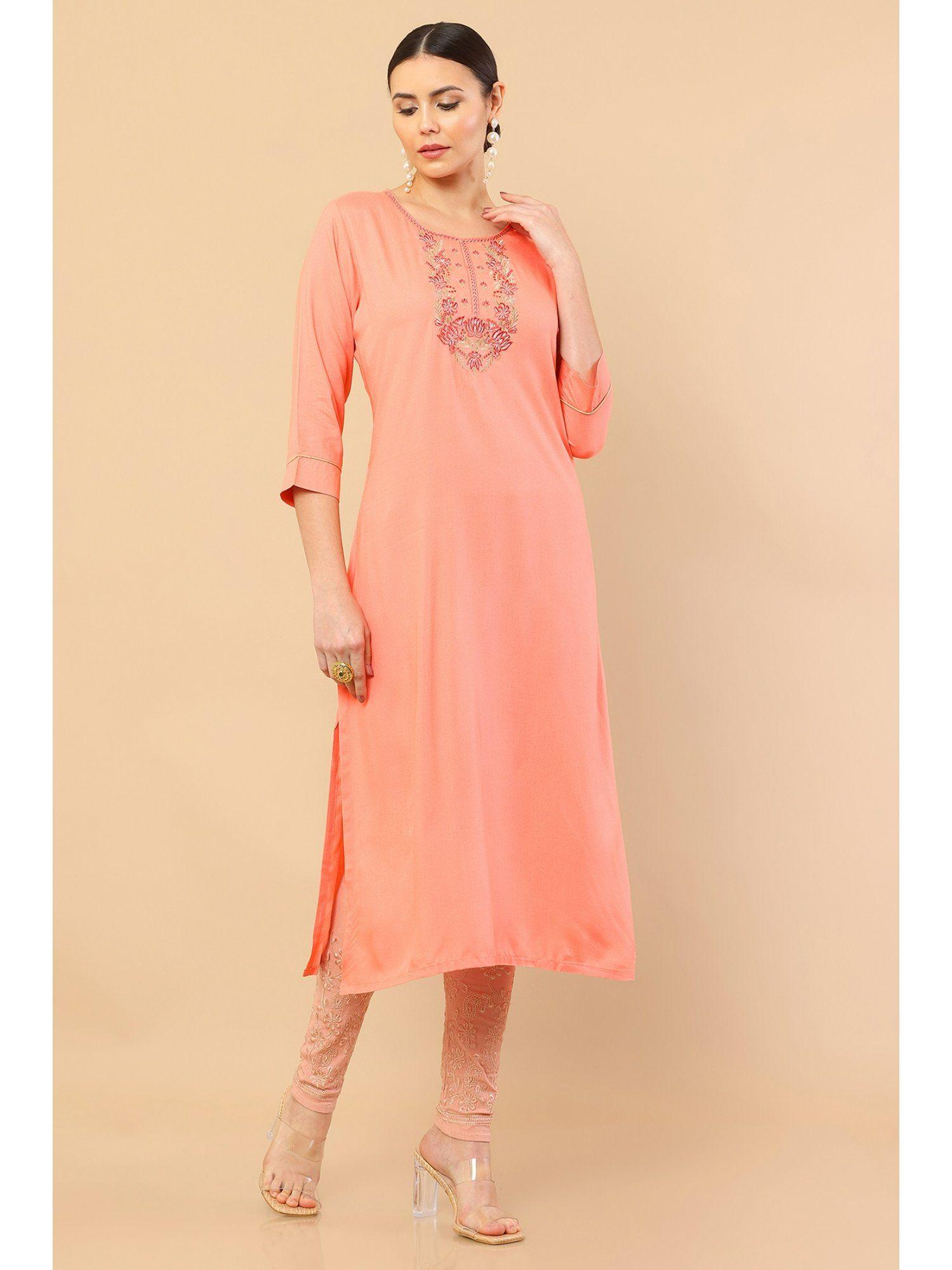 peach rayon kurta with floral embroidered designs