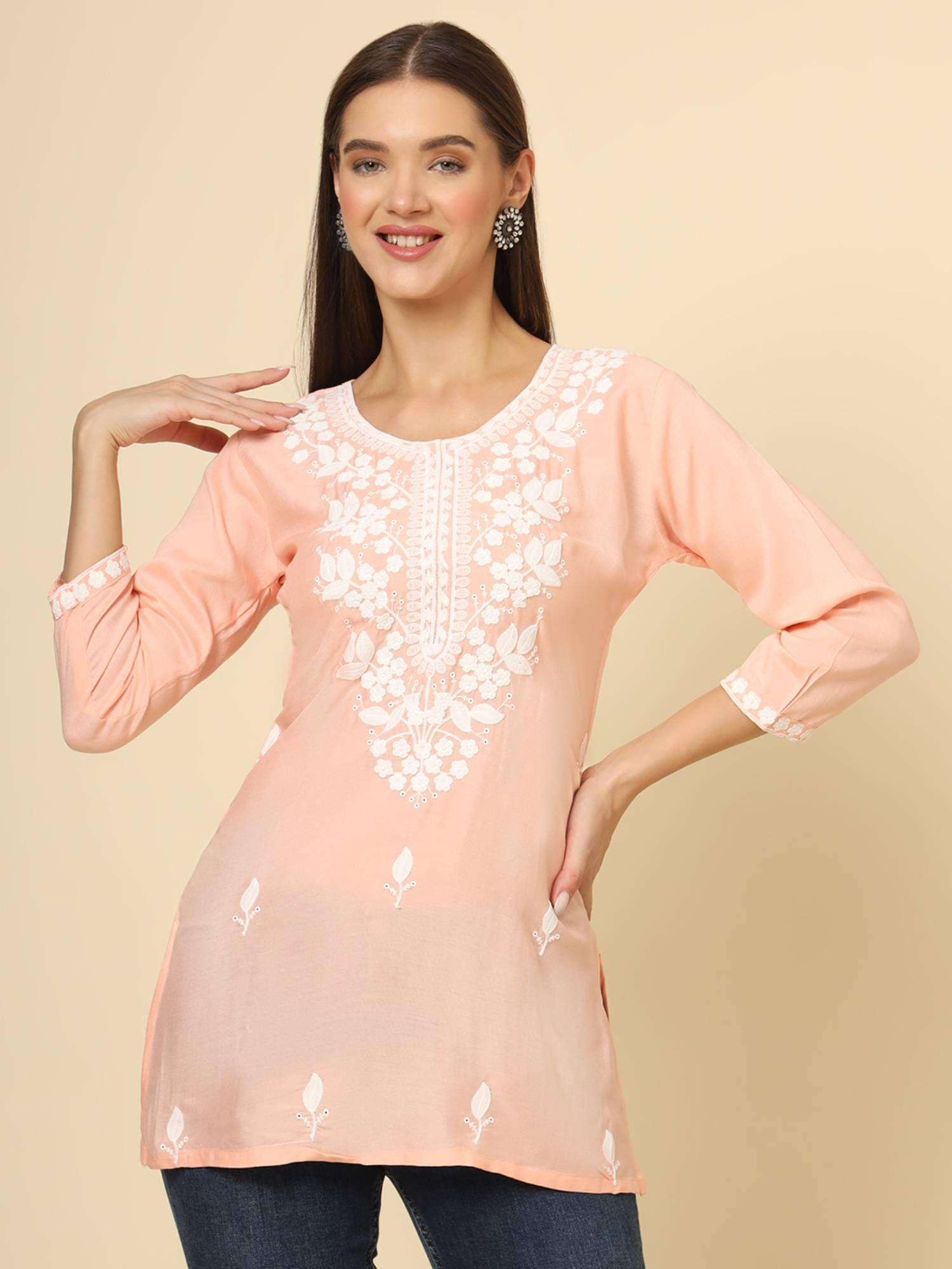 peach rayon lucknowi chickankari work kurti