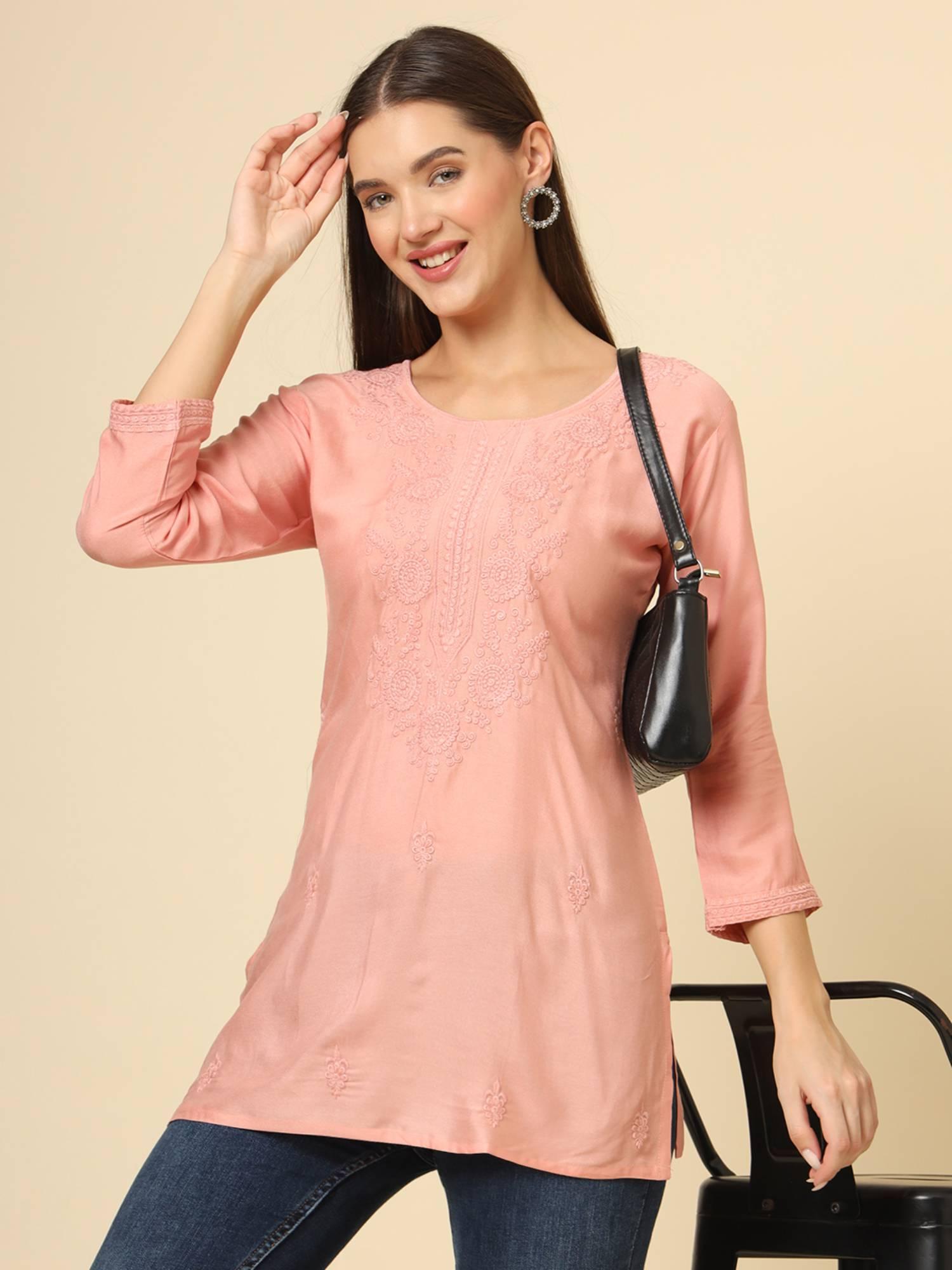 peach rayon lucknowi chickankari work kurti