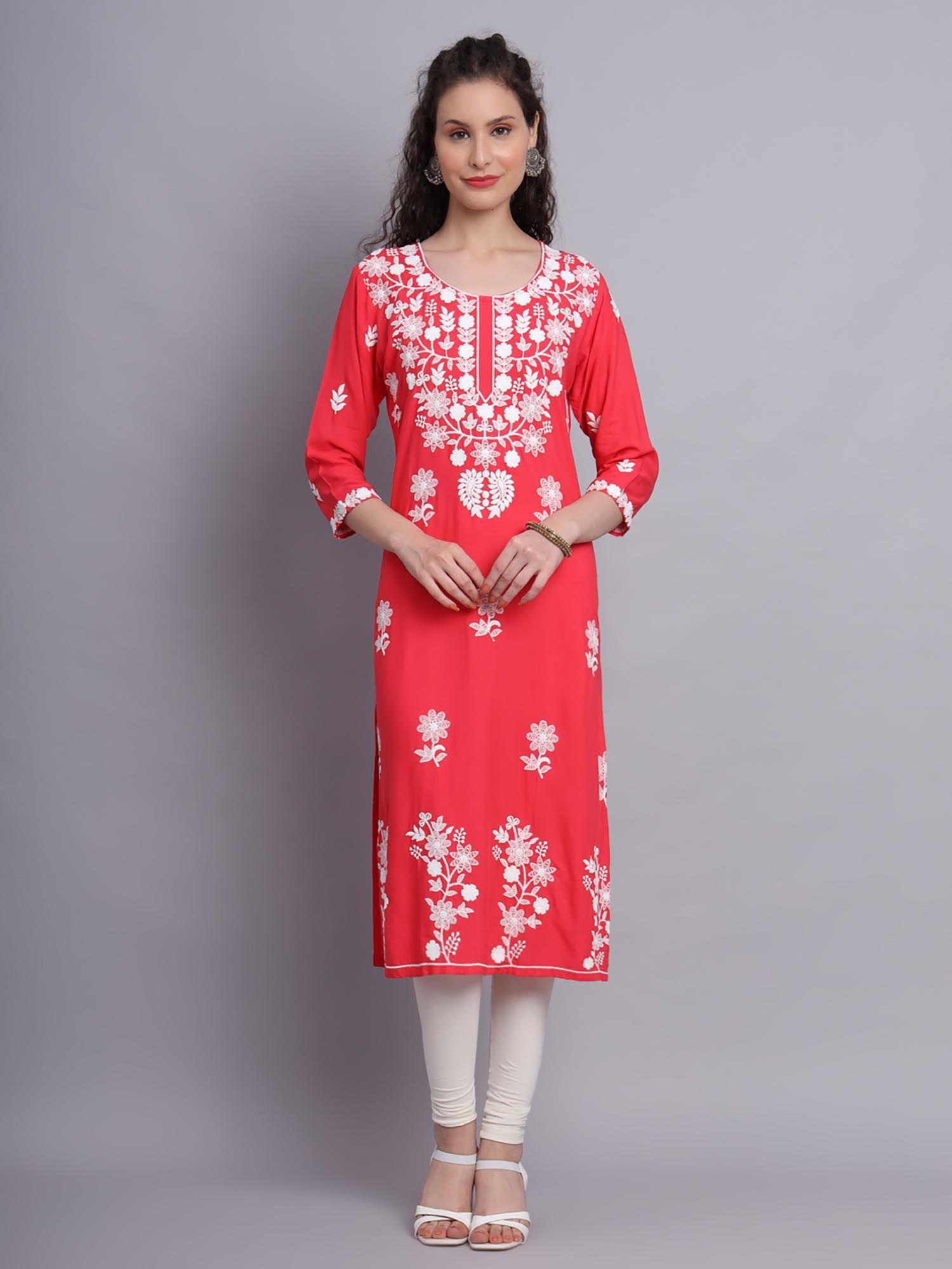 peach rayon lucknowi chikankari work straigh kurta