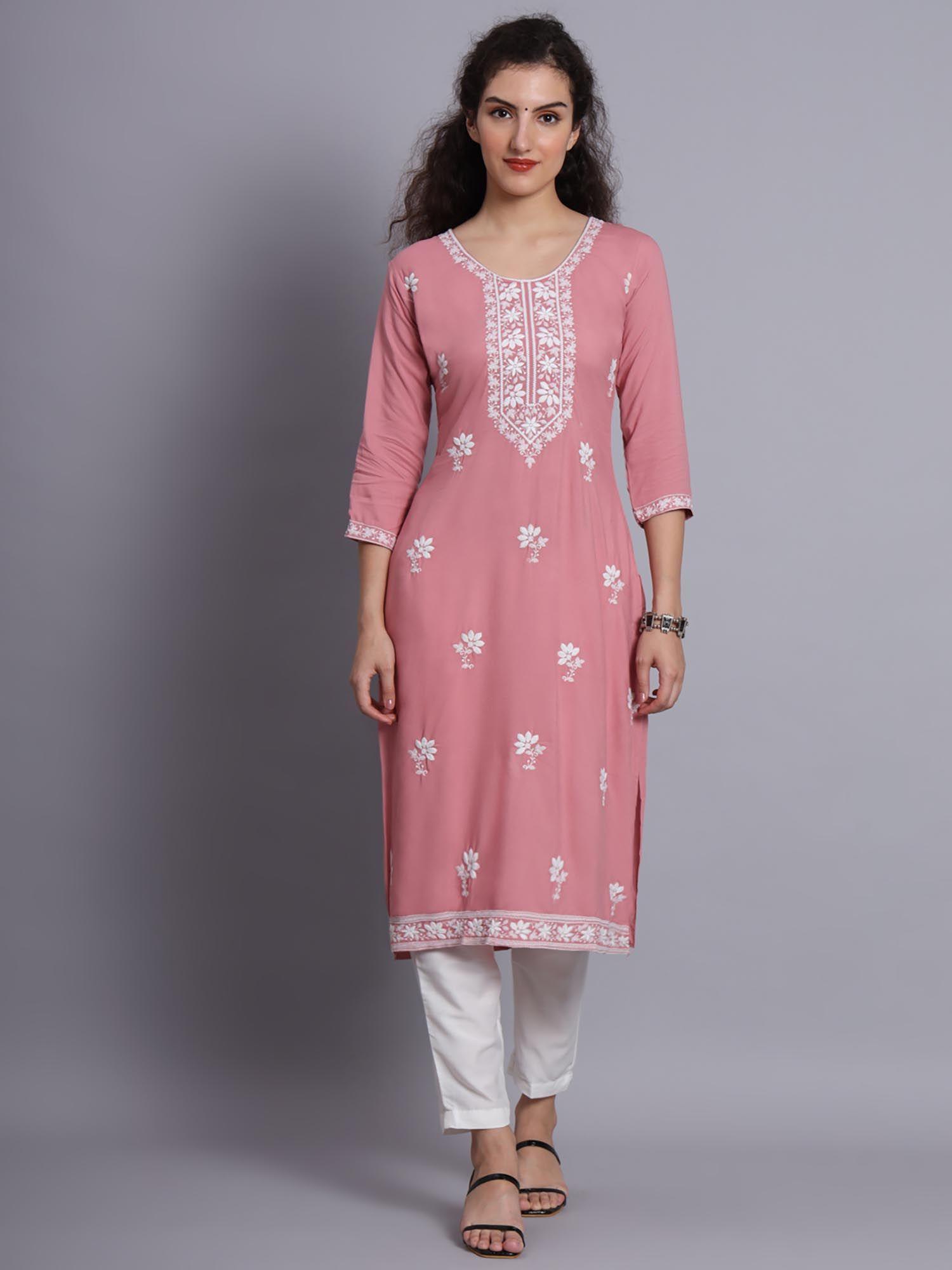 peach rayon lucknowi chikankari work straight kurta