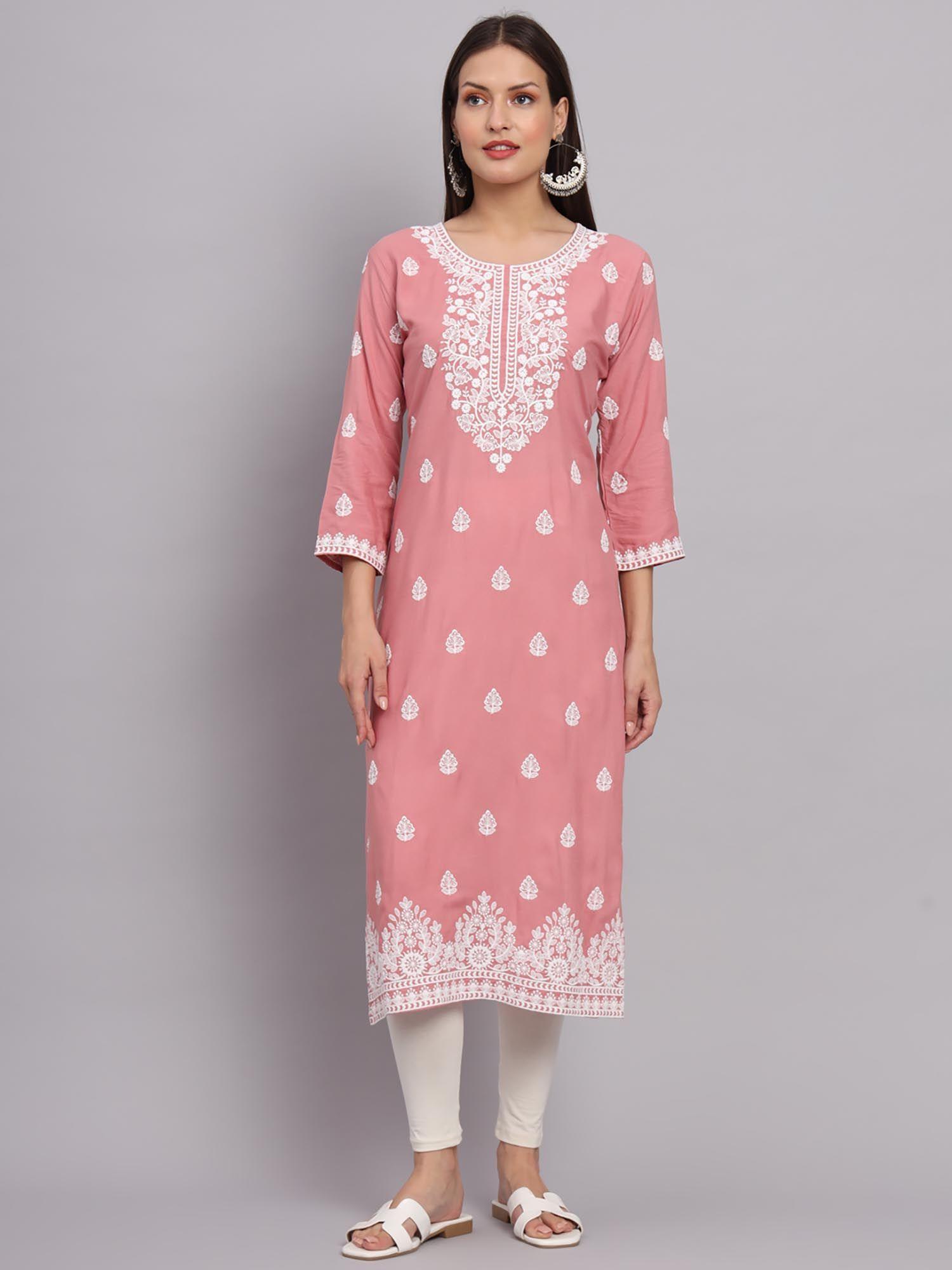 peach rayon lucknowi chikankari work straight kurta