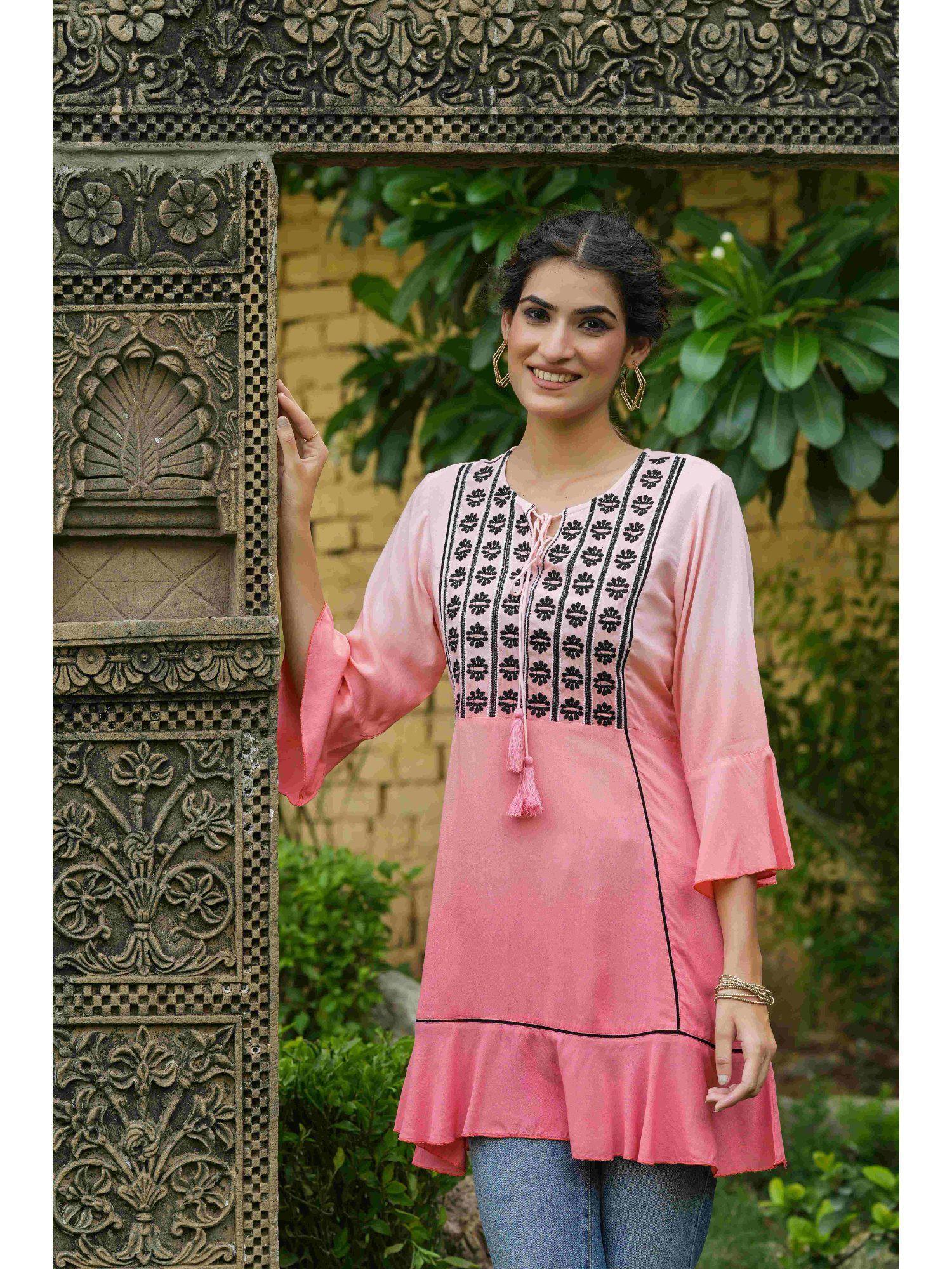 peach rayon ombre a-line tunic with embroidered yoke