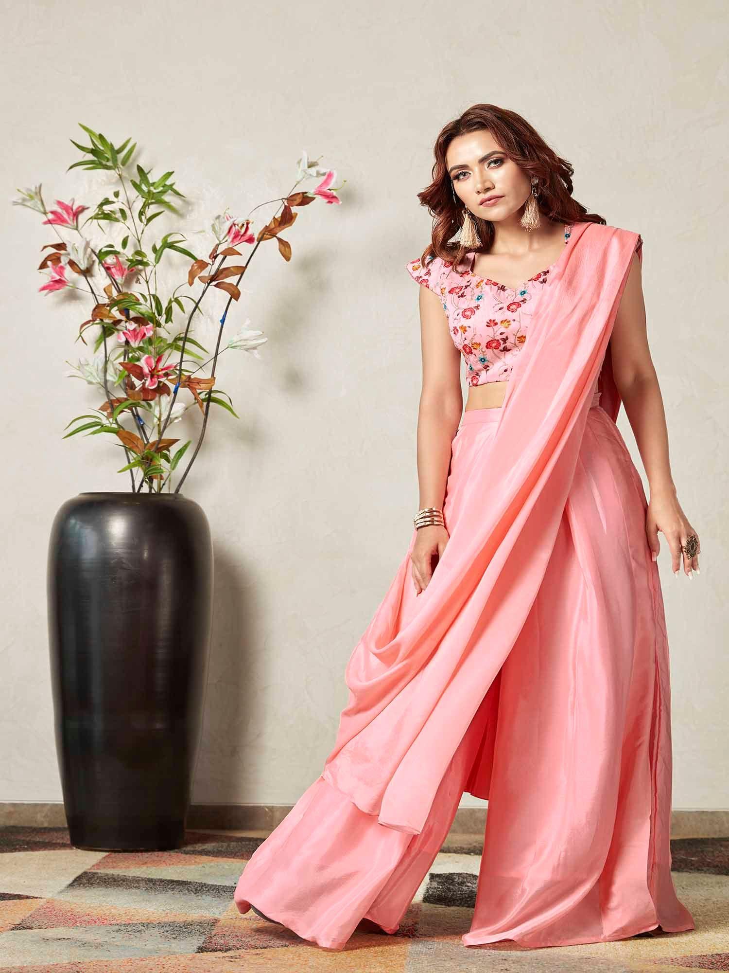 peach ready to wear saree with stitched blouse